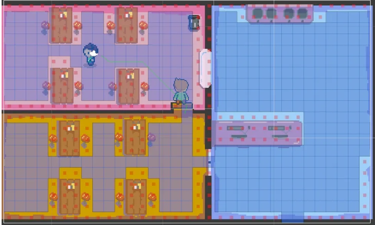 A debug view of the A* Pathfinding system used for all NPC movement.