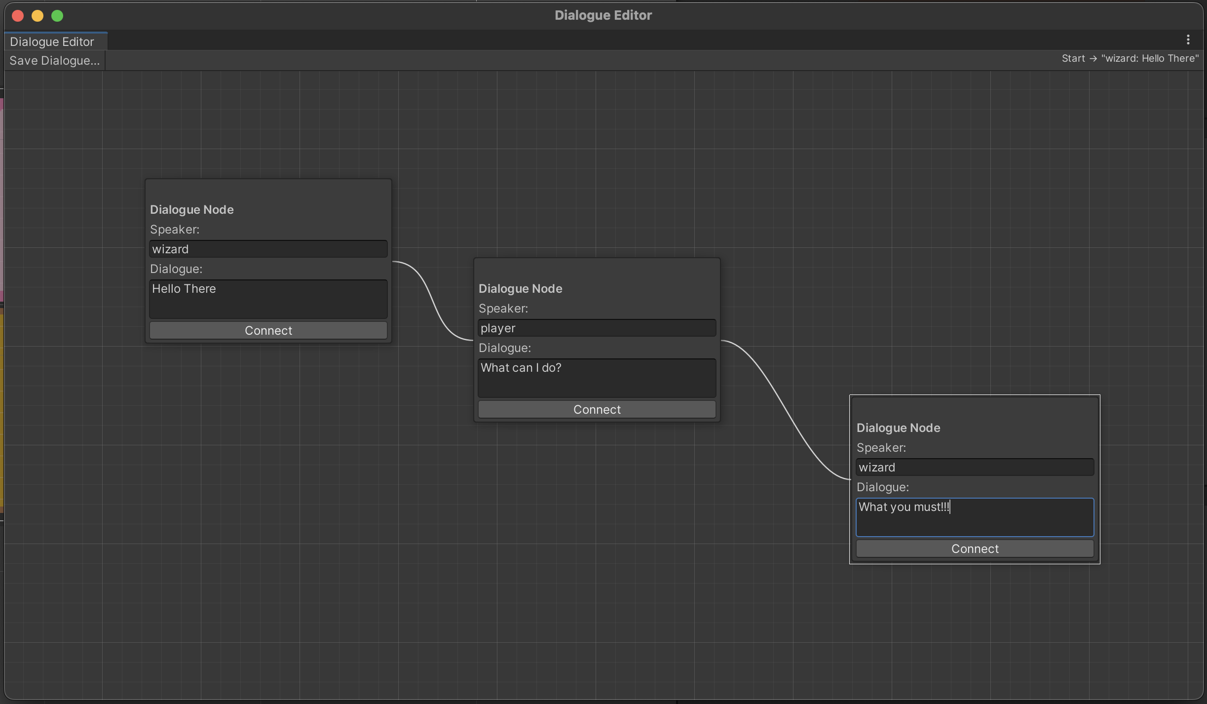 The custom Dialogue Editor window, showing a node-based graph where each node represents a line of dialogue that can be visually connected to others.