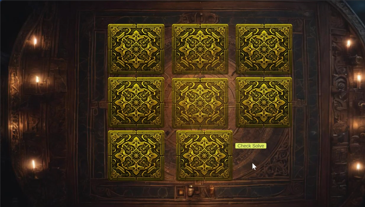 The sliding block puzzle after being solved, with correct pieces highlighted in yellow.