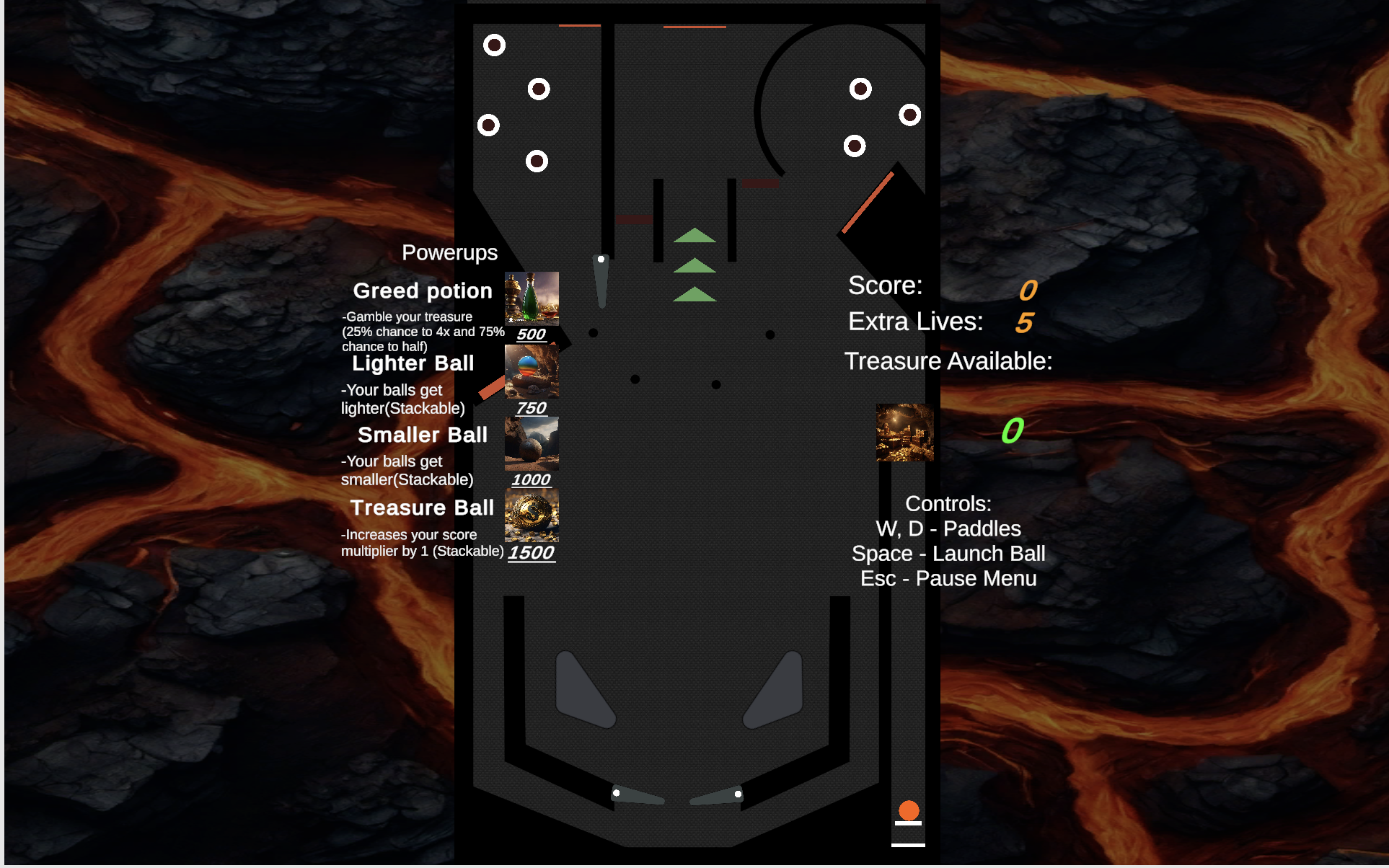 The main game board for Pinball Purgatory, showing the various bumpers, flippers, and the portal system I implemented.