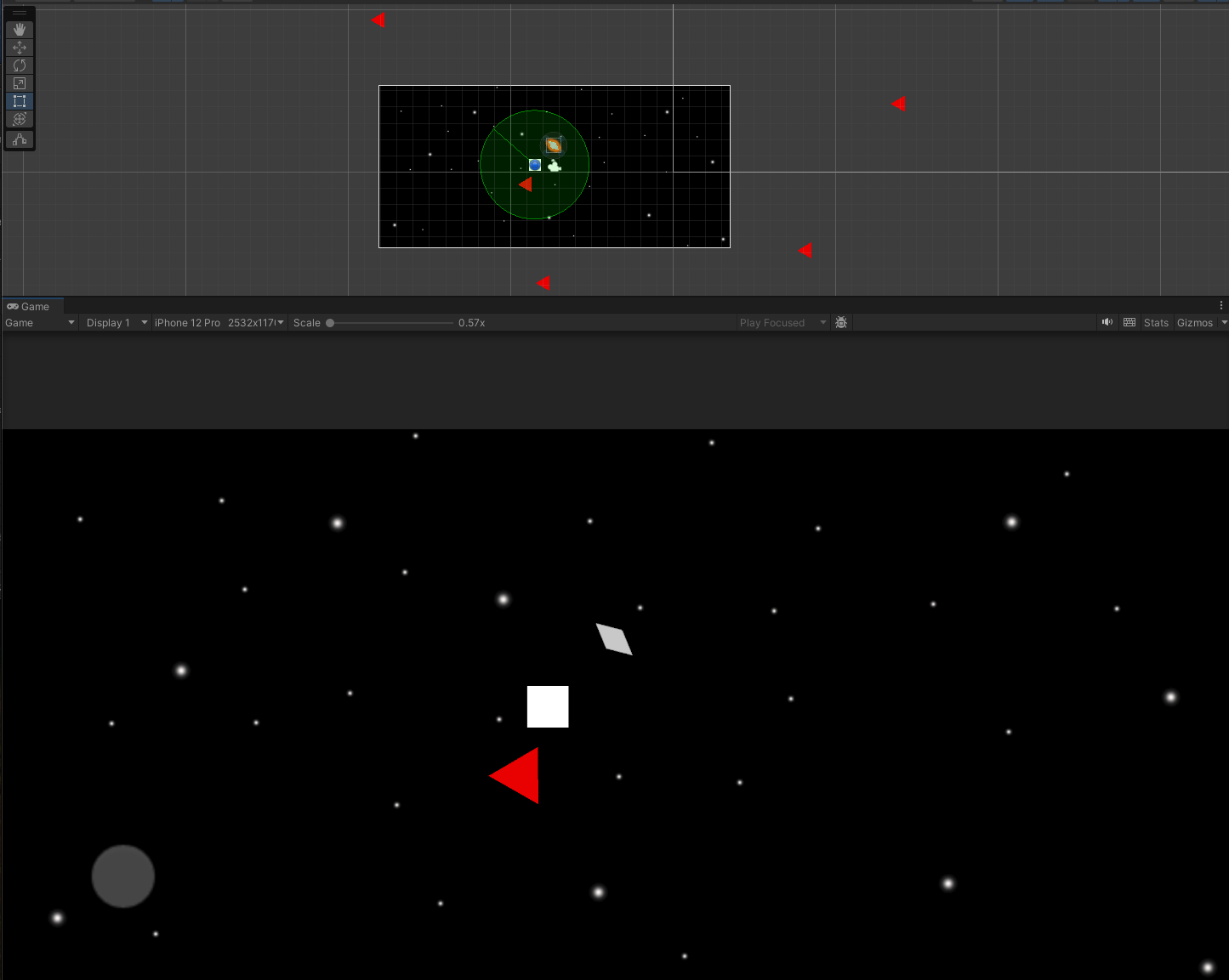 The initial concept screen showing the player character, the swinging club attached by a hinge joint, and the first enemy "asteroid" targets.