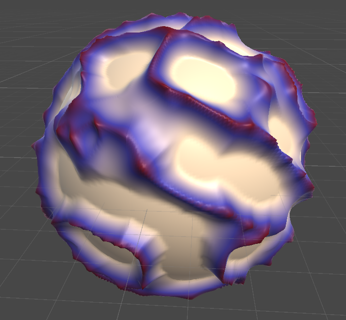 A fractured geode with crimson and deep blue canyons.