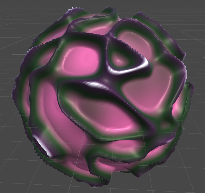 Glossy green continents on a bubblegum-pink core.