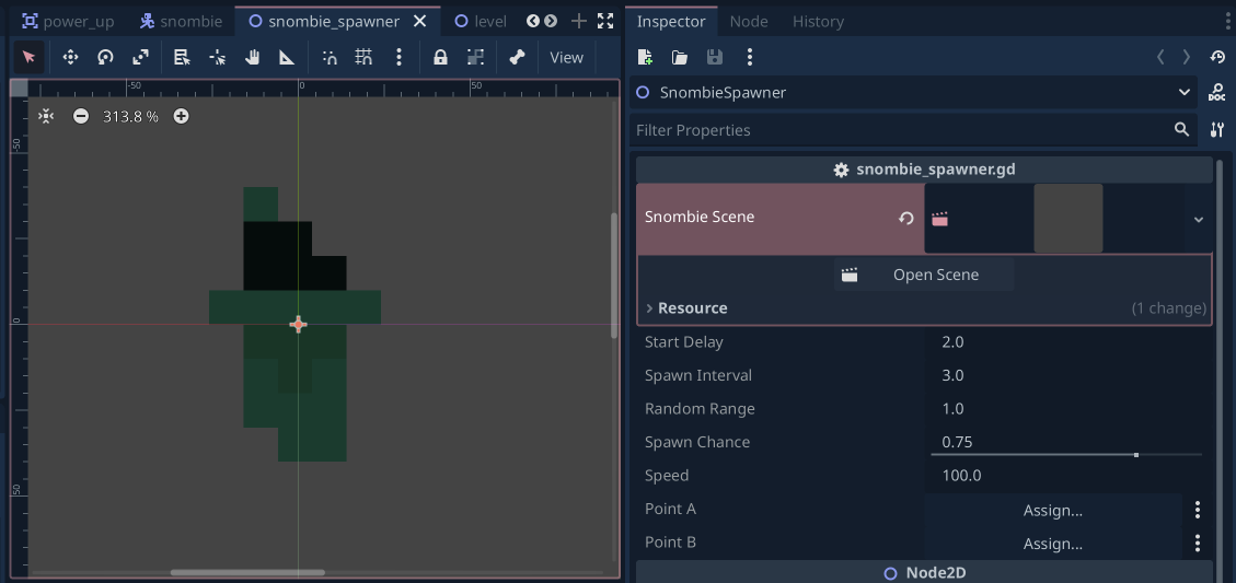 The Spawner tool properties, featuring randomization settings for intervals and movement.